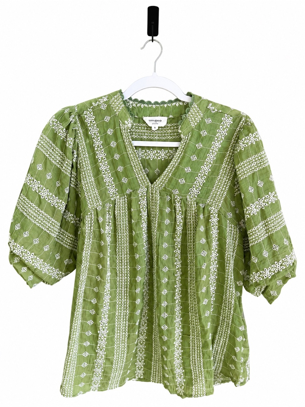 UMGEE Blouse Top Shirt Puff Sleeve Embroidered Green Teacher M